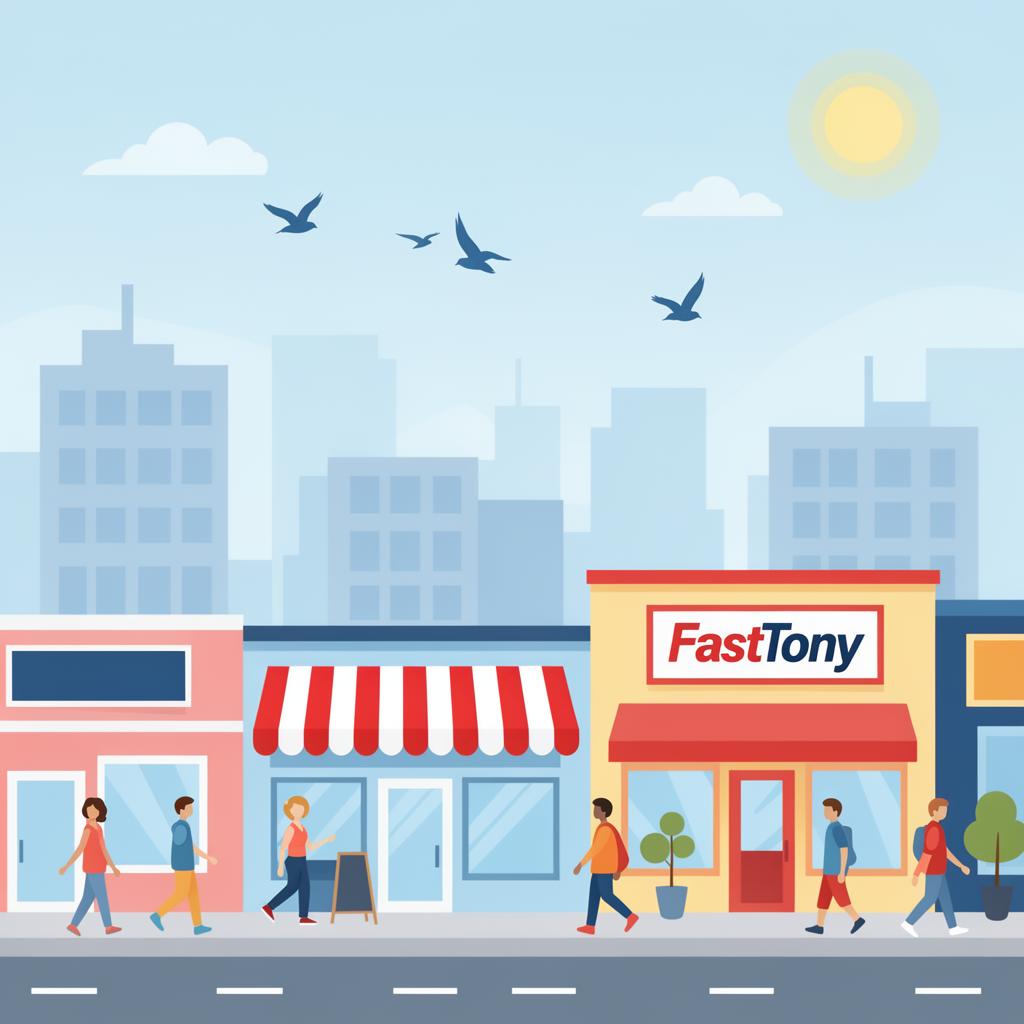 Illustration of a local services street with a FastTony shop